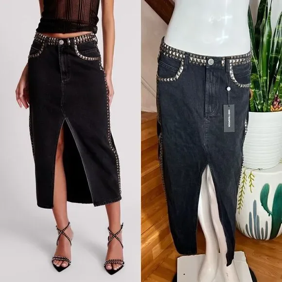 One Teaspoon BLACK OAK STUDDED ROCKO LONG LENGTH DENIM SKIRT/ size 27 - Picture 1 of 8